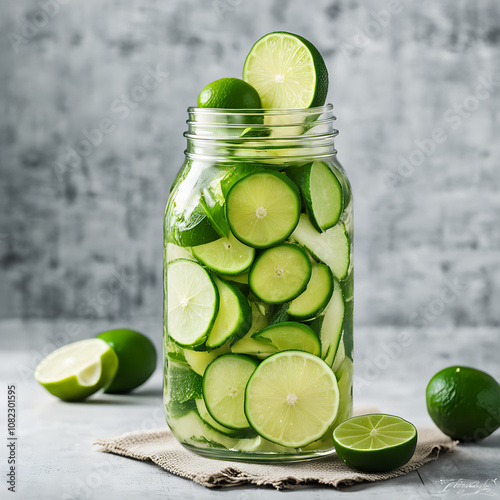 detox water with cucumber and lime in retro glass jar, healthy lifestyle concept 