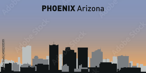Black and white silhouettes of buildings on Phoenix skyline. Vector on a colored background.