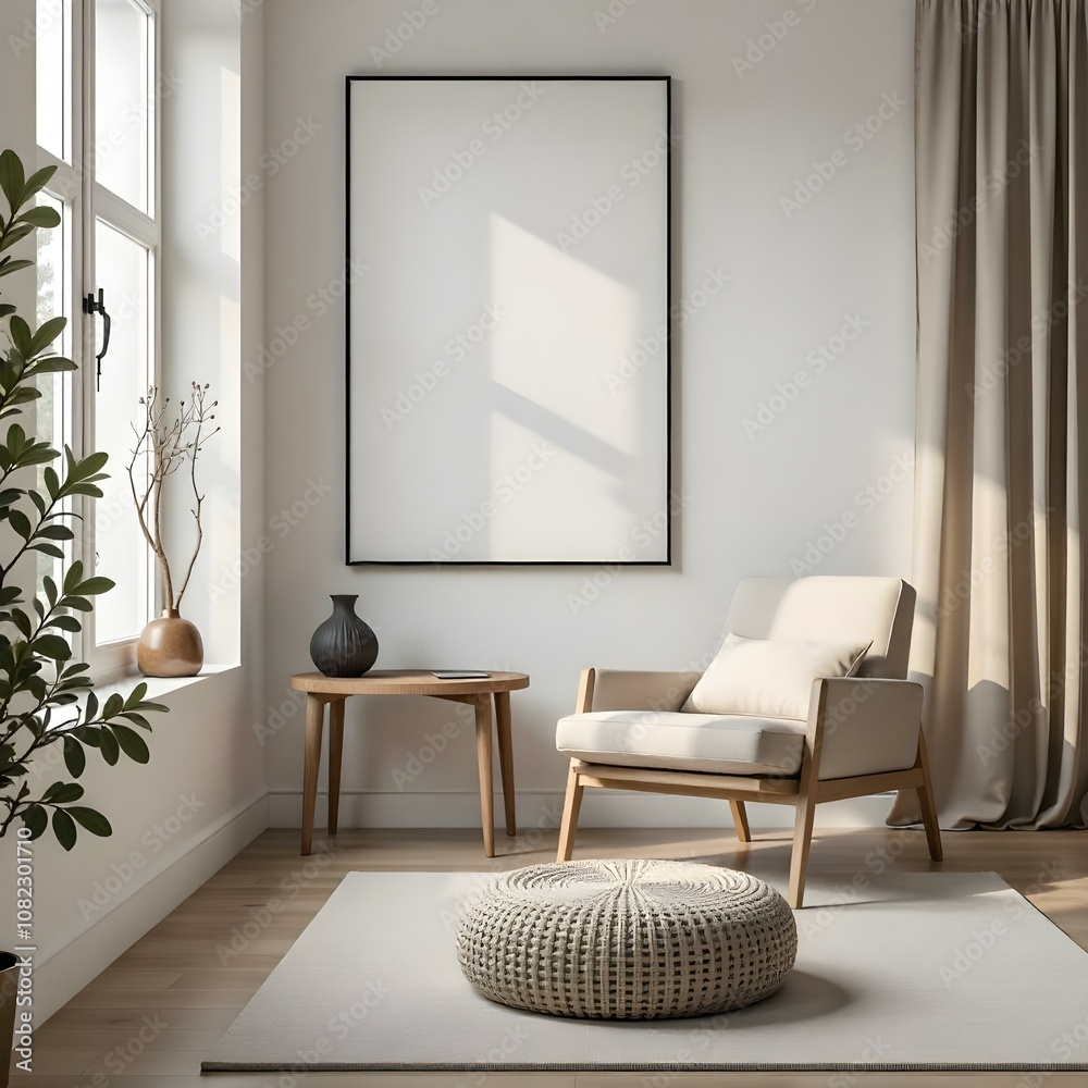A minimalist living room with a large framed artwork on the wall, a wooden coffee table, a beige armchair, and a round woven pouf on a neutral-colored rug A minimalist living room with a large framed artwork on the wall, a wooden coffee table, a beige armchair, and a round woven pouf on a neutral-colored rug