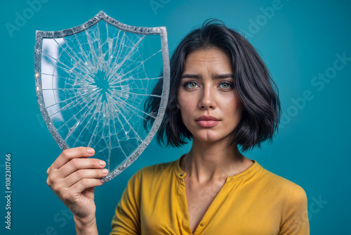 Symbolic image of a woman holding a cracked shield, representing internet safety and cyberbullying