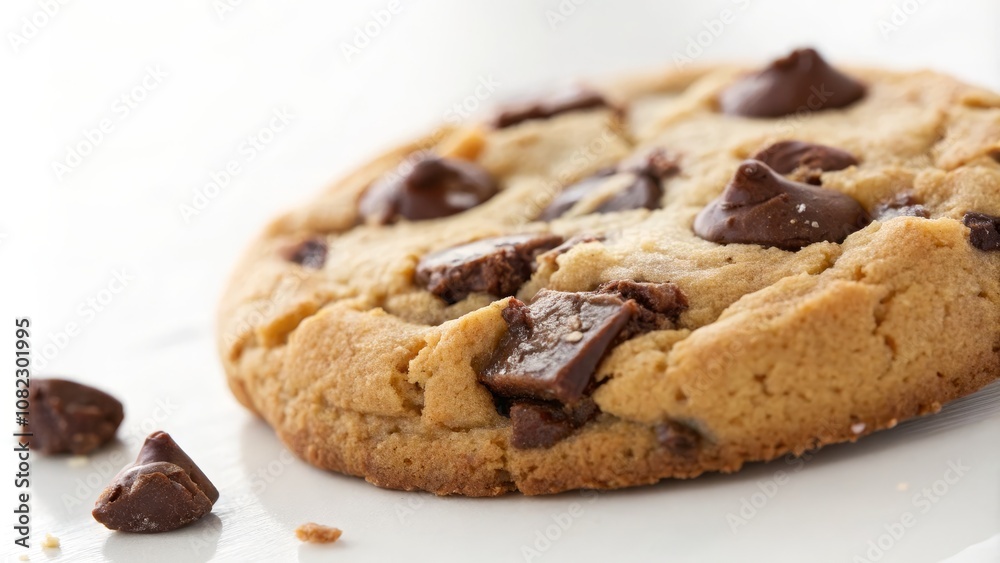 Close-Up of a Delicious Chocolate Chip Cookie with Crispy Edges and Soft Center, Isolated on Bright White Background, Showcasing Detailed Texture and Rich Chocolate Chips