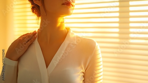 Woman massaging her shoulder with one hand, soft golden light coming through blinds, intimate office setting, midshot photo