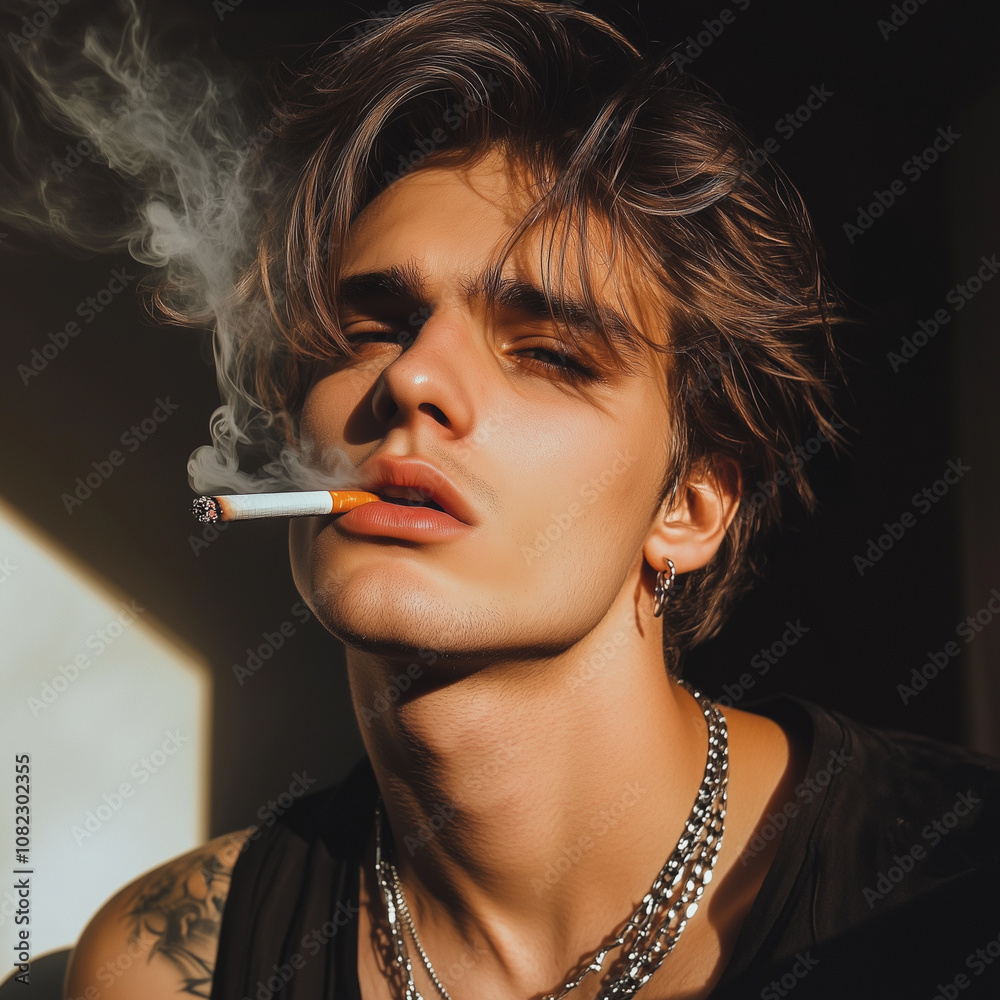 Obraz premium Portrait of a very attractive gay male model smoking, guy looking cool while smoking. smoking fetish. Smoking is sexy. Handsome guy enjoying his cigarette.
