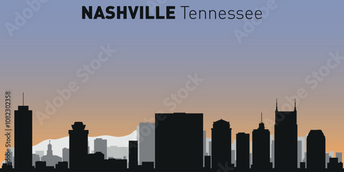 Black and white silhouettes of buildings on Nashville skyline. Vector on a colored background.	