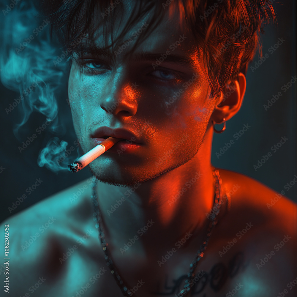 Fototapeta premium Portrait of a very attractive gay male model smoking, guy looking cool while smoking. smoking fetish. Smoking is sexy. Handsome guy enjoying his cigarette.