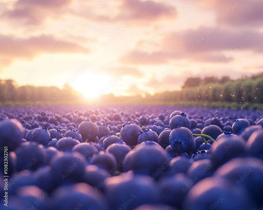 Obraz premium Glowing Blueberry Field at Sunset Stretching to the Horizon
