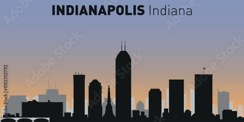 Black and white silhouettes of buildings on Indianapolis skyline. Vector on a colored background.	