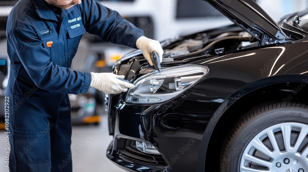 Technician performing maintenance on vehicle headlight auto repair shop service process indoor environment close-up view precision work