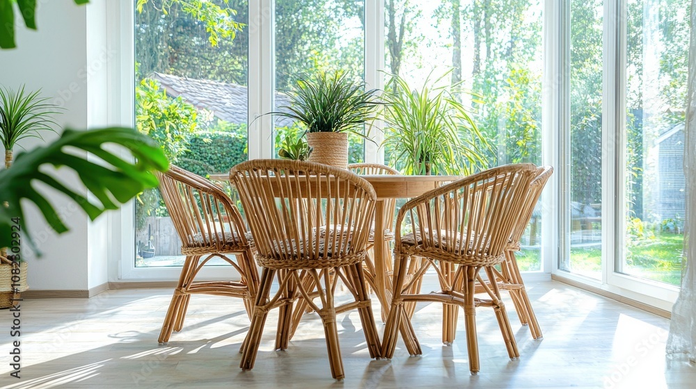 Bright and Cozy Sunlit Dining Space with Rattan Furniture Bright and Cozy Sunlit Dining Space with Rattan Furniture