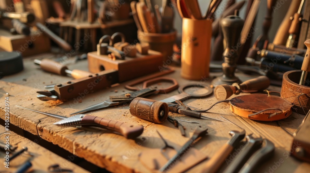 A detailed leather crafting station with tools and materials, Leatherworking tools and projects arranged, Traditional artisan style A detailed leather crafting station with tools and materials, Leatherworking tools and projects arranged, Traditional artisan style