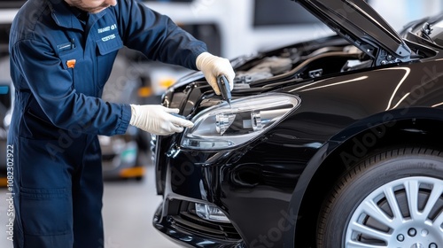 Obraz na płótnie Technician performing maintenance on vehicle headlight auto repair shop service process indoor environment close-up view precision work w salonie