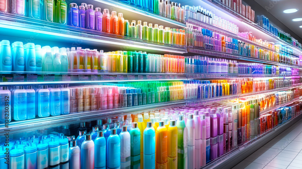 Shelves with beauty products, cosmetics in skin care store Shelves with beauty products, cosmetics in skin care store