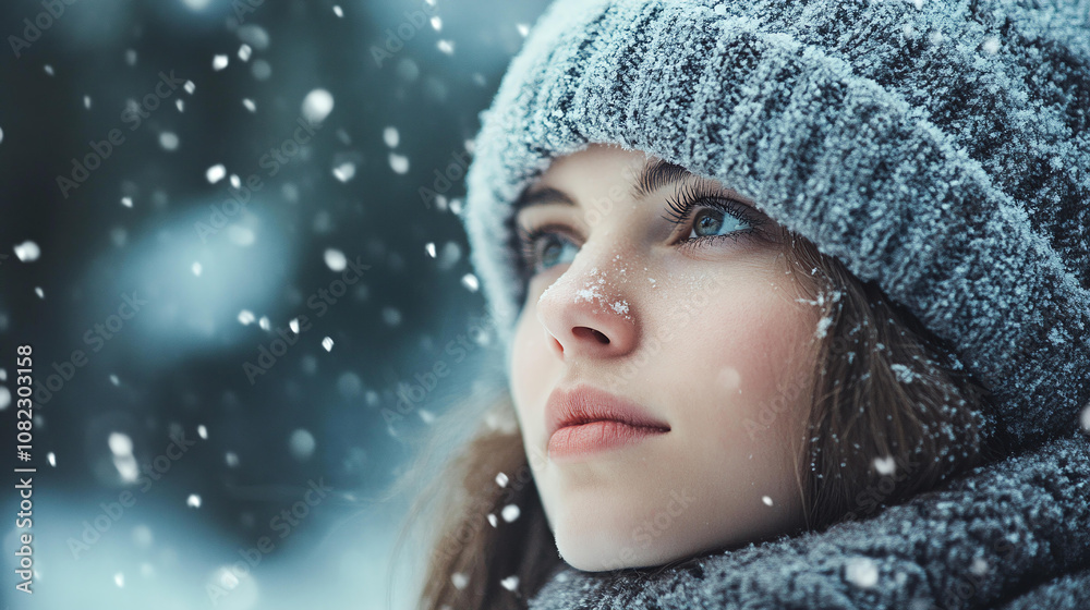young woman with cozy winter hat gazes thoughtfully as snowflakes fall around her, creating serene and peaceful winter atmosphere young woman with cozy winter hat gazes thoughtfully as snowflakes fall around her, creating serene and peaceful winter atmosphere
