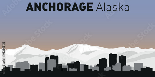 Black and white silhouettes of buildings on Anchorage skyline. Vector on a colored background.	
