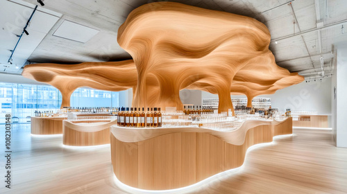 Futuristic wine bar with slack wooden elements photo