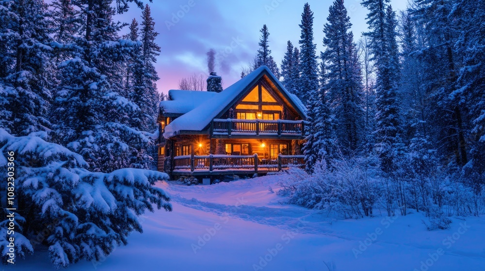 A cozy snow-covered house glowing with warm lights, surrounded by tall pine trees and a peaceful winter landscape A cozy snow-covered house glowing with warm lights, surrounded by tall pine trees and a peaceful winter landscape