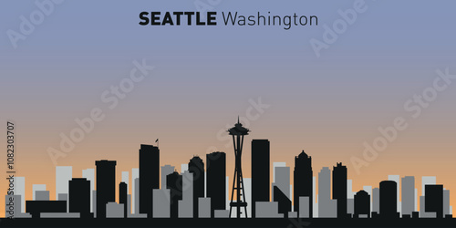 Silhouettes of buildings on Seattle skyline. Vector on a colored background.	
