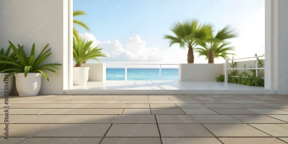 Fototapeta premium Wooden deck overlooking a calm ocean with palm trees and potted plants in the background