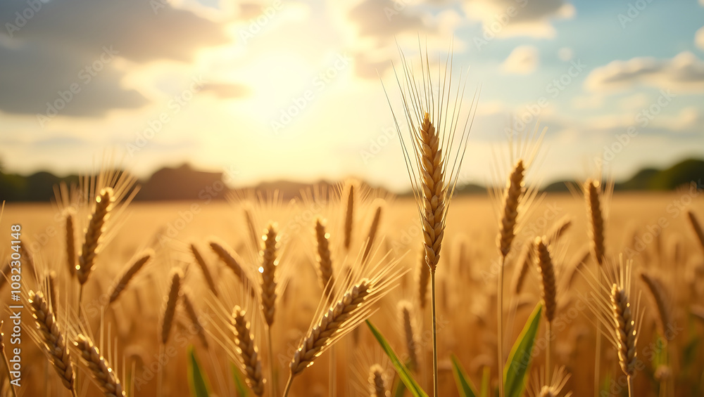Golden wheat fields sway gently under a bright blue sky with fluffy clouds during sunset, capturing the essence of nature's bounty and warmth Golden wheat fields sway gently under a bright blue sky with fluffy clouds during sunset, capturing the essence of nature's bounty and warmth