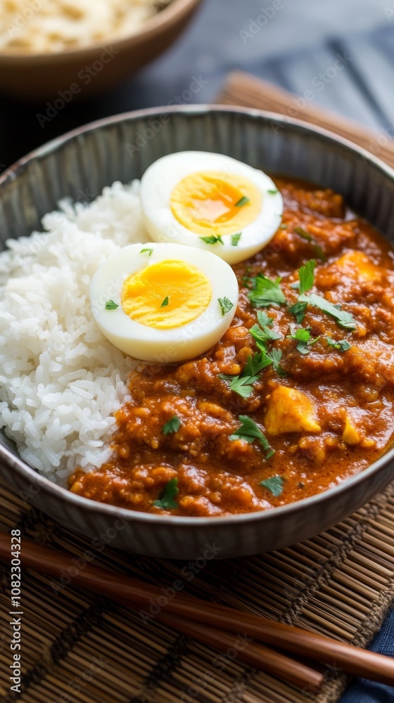Traditional Japanese Curry Rice with Boiled Egg and Parsley Garnish on Vintage Background Traditional Japanese Curry Rice with Boiled Egg and Parsley Garnish on Vintage Background