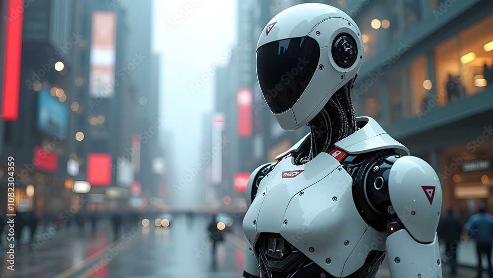A humanoid robot stands in a bustling city street, surrounded by blurred figures and bright advertisements, showcasing a blend of technology and urban life A humanoid robot stands in a bustling city street, surrounded by blurred figures and bright advertisements, showcasing a blend of technology and urban life