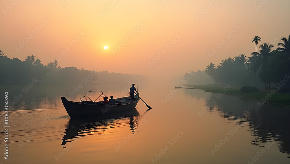A serene sunrise over a calm river reflects the vibrant colors as a small boat glides through the mist, carrying two people enjoying the tranquil morning A serene sunrise over a calm river reflects the vibrant colors as a small boat glides through the mist, carrying two people enjoying the tranquil morning