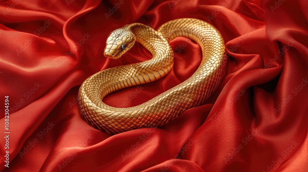 Obraz premium A golden snake winding through red silk fabric, symbolizing the luxurious and prosperous 2025 Year of the Snake celebration 
