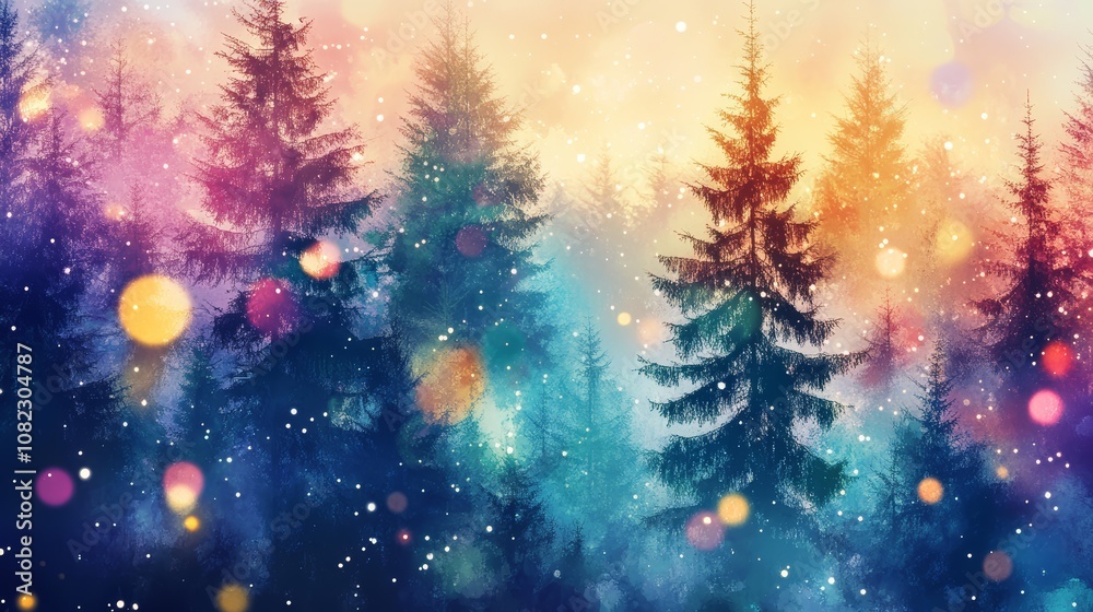 Magical forest with christmas trees and glowing lights. Abstract, colorful christmas card in watercolor style. Holiday card landscape background backdrop wallpaper with copy space. Magical forest with christmas trees and glowing lights. Abstract, colorful christmas card in watercolor style. Holiday card landscape background backdrop wallpaper with copy space.
