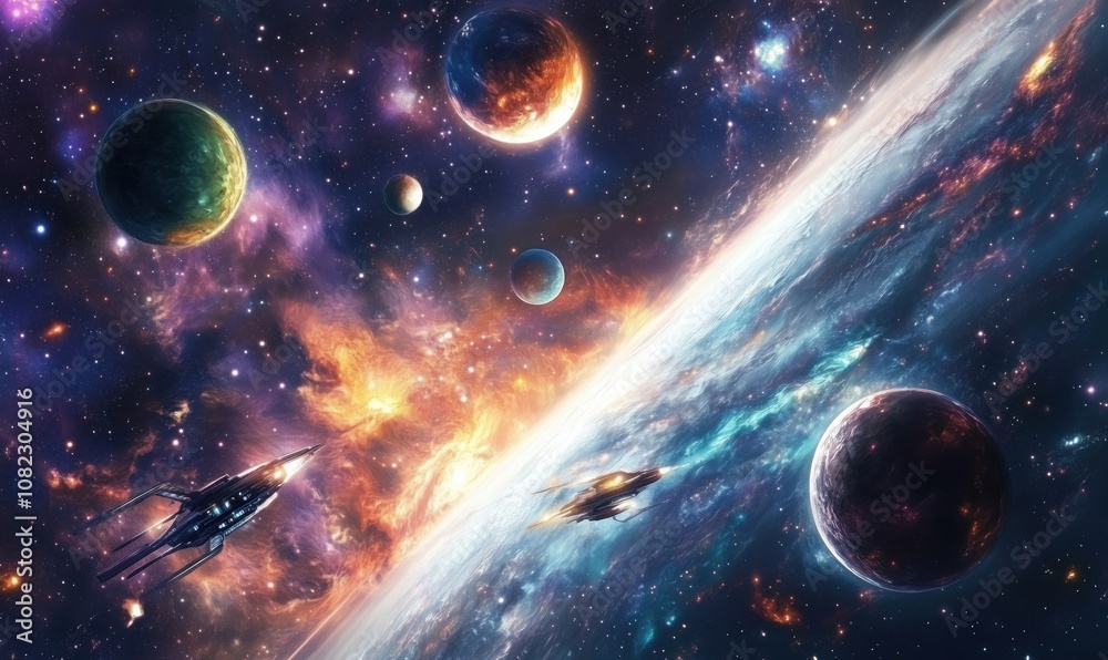 Cosmic space scene with planets and spaceships, vibrant colors, swirling galaxies, distant stars, and nebulae Cosmic space scene with planets and spaceships, vibrant colors, swirling galaxies, distant stars, and nebulae