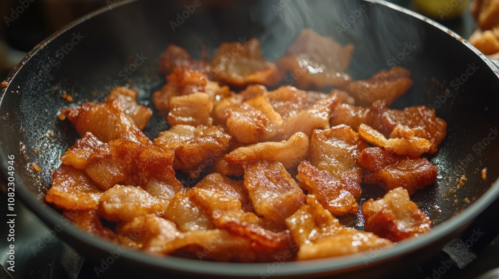 A frying pan filled with crispy pork cracklings, vibrant colors enhancing the textures and rich golden-brown finish of the dish. A frying pan filled with crispy pork cracklings, vibrant colors enhancing the textures and rich golden-brown finish of the dish.