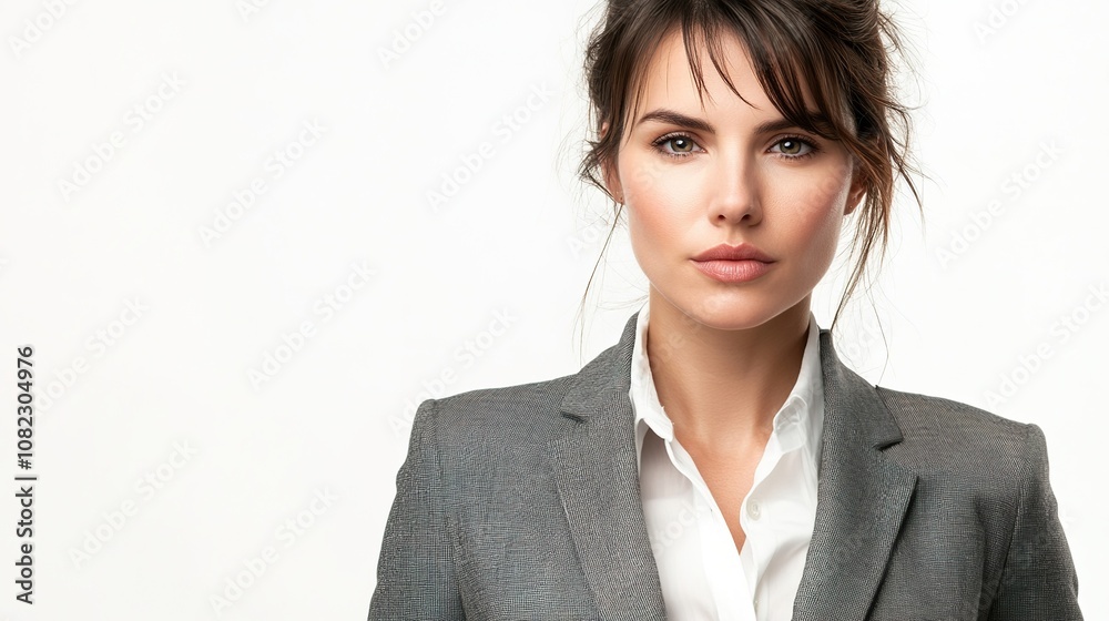 Confident Businesswoman in Elegant Gray Suit Posing Calmly Against Neutral Background, Showcase of Professionalism and Fashion in Corporate Environment Confident Businesswoman in Elegant Gray Suit Posing Calmly Against Neutral Background, Showcase of Professionalism and Fashion in Corporate Environment