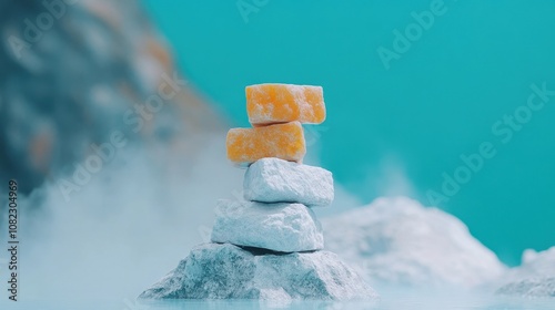 Tranquil Scene of Colored Stones Stacked on Top of Each Other Over a Misty Surface and Vibrant Blue Background for Nature and Relaxation Themes photo