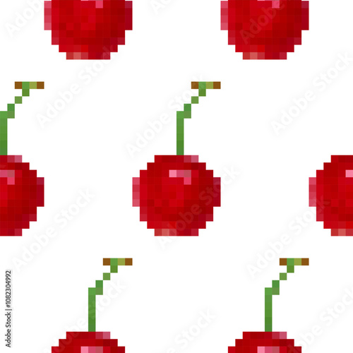 Seamless pattern with pixel cherries on a white background. Funny red cherries in retro 8 bit video game style for a wallpaper, wrapping paper, textile prints. Pixel art