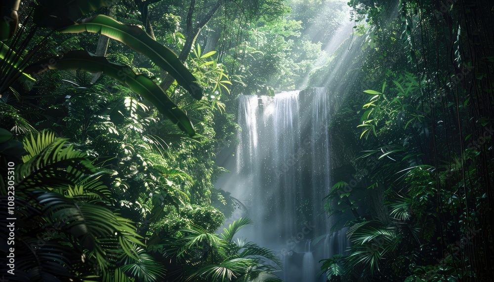 Lush Rainforest with a Misty Waterfall Lush Rainforest with a Misty Waterfall