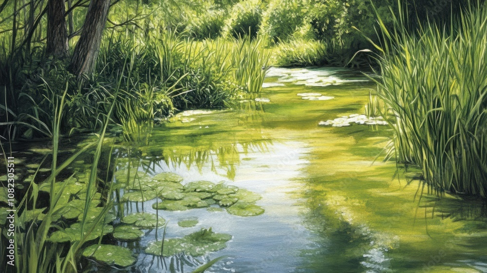 A peaceful scene of cultivating algae in a river, vivid tones highlighting the lush green growth and serene water, showcasing nature's harmony. A peaceful scene of cultivating algae in a river, vivid tones highlighting the lush green growth and serene water, showcasing nature's harmony.