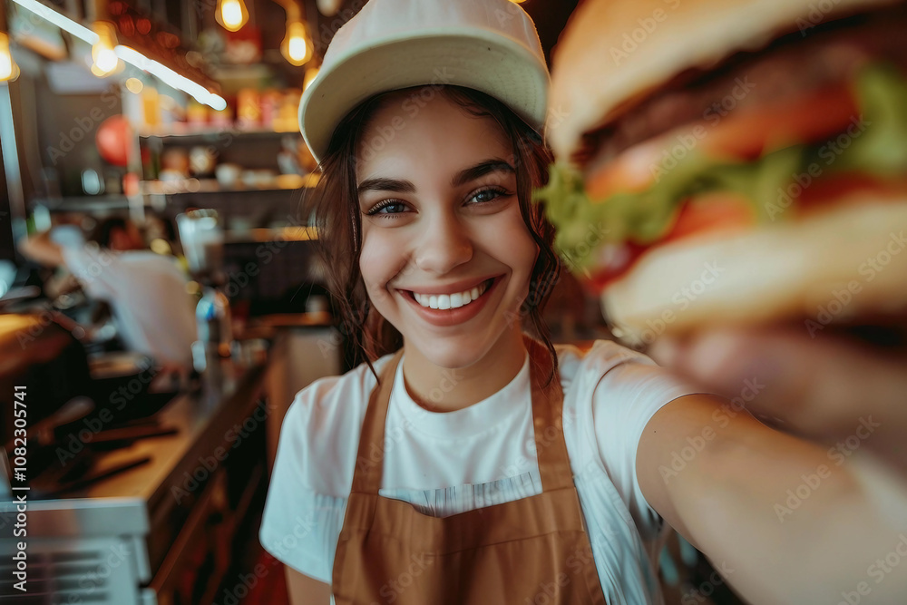 Generative AI Image of a Fast Food Chef in a Kitchen with a Focus on a Burger or fastfood eatery settings