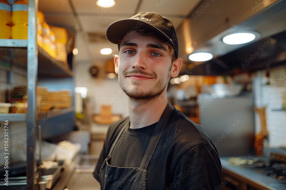 Generative AI Image of Fast Food Service Worker in Cafe or Takeout  takeaway to-go Restaurant