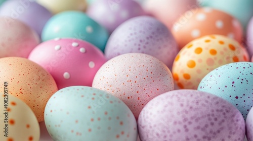 Vibrant Easter Eggs with Pastel Colors and Unique Textures in a Festive Arrangement.