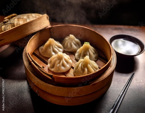 A Moody Shot of Guotie Dumplings Steamed to Perfection, With Crispy Golden Edges and a Side of Chili Oil Dipping Sauce, Captured in Dramatic Low Lighting