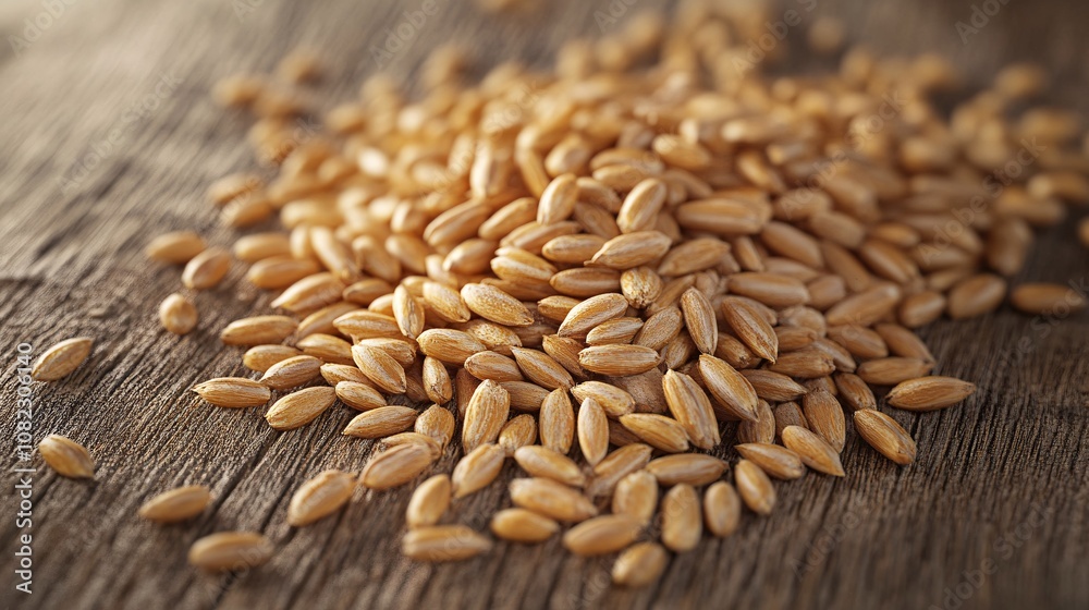 Close-Up View of Golden Wheat Seeds Piled on a Textured Wooden Surface, Emphasizing the Natural Grain and Organic Farming Concept Close-Up View of Golden Wheat Seeds Piled on a Textured Wooden Surface, Emphasizing the Natural Grain and Organic Farming Concept