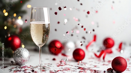 Festive New Year Celebration Background with Sparkling Champagne Glass, Elegant Christmas Tree, and Snowfall for a Joyous Holiday Atmosphere photo