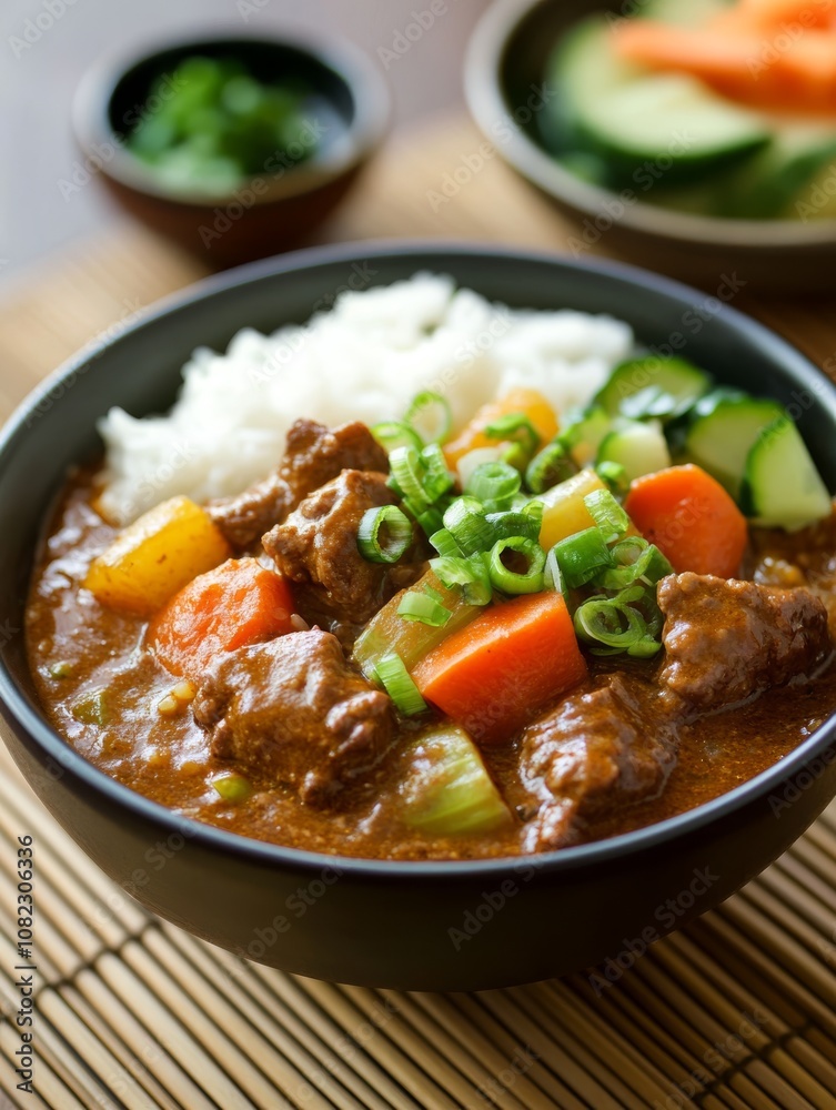 Authentic Japanese Curry Rice with Beef, Vegetables, Green Onions, Salad, and Pickles on Bamboo Mat Authentic Japanese Curry Rice with Beef, Vegetables, Green Onions, Salad, and Pickles on Bamboo Mat