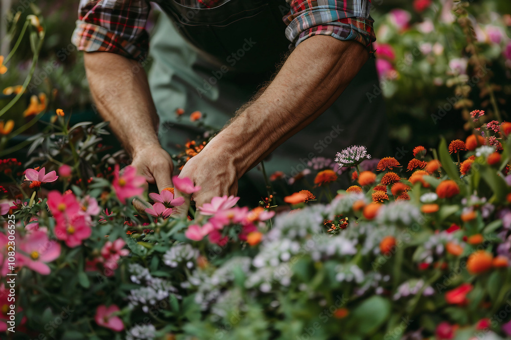 Generative AI Image of Gardener Caring for Flowers and Plants in a Vibrant Greenhouse Garden Generative AI Image of Gardener Caring for Flowers and Plants in a Vibrant Greenhouse Garden
