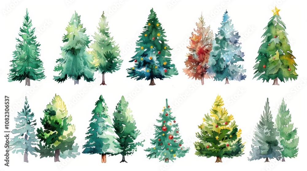 Obraz premium Christmas tree watercolor clipart collection festive holiday season artistic illustrations vibrant colors nature-inspired design for creative projects
