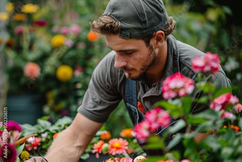 Generative AI Image of Gardener Caring for Flowers and Plants in a Vibrant Greenhouse Garden