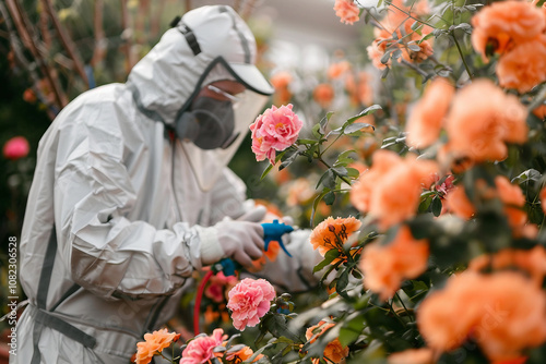 Generative AI Image of Gardener in Protective Gear Spraying Flowers in Greenhouse photo