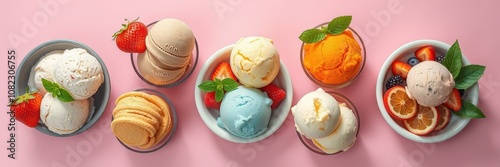 Assorted ice cream flavors served in bowls with fruit and mint garnish on a pink background photo