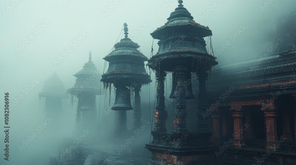 Fototapeta premium Ancient Bells in Mist. Generative AI