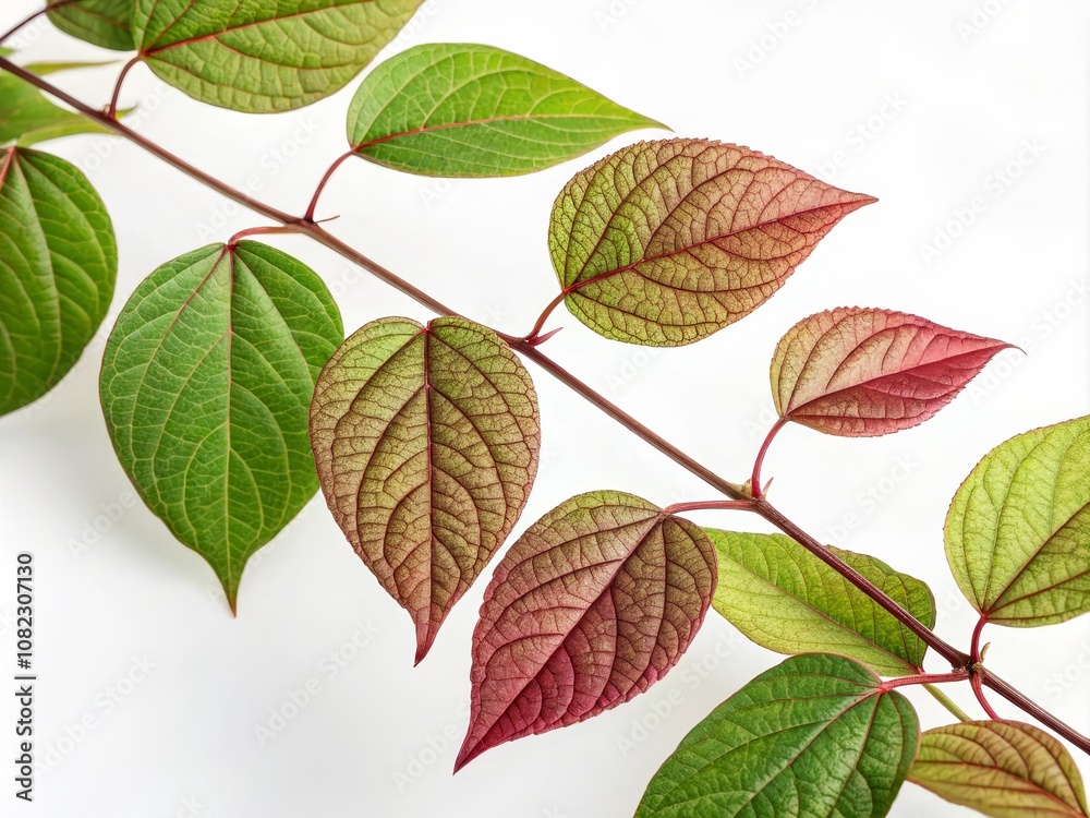 Elegant Green and Reddish Leaves on a Vine Isolated on White Background for Botanical Themes, Nature Illustrations, Decorative Designs, and Fashion Photography Inspiration Elegant Green and Reddish Leaves on a Vine Isolated on White Background for Botanical Themes, Nature Illustrations, Decorative Designs, and Fashion Photography Inspiration