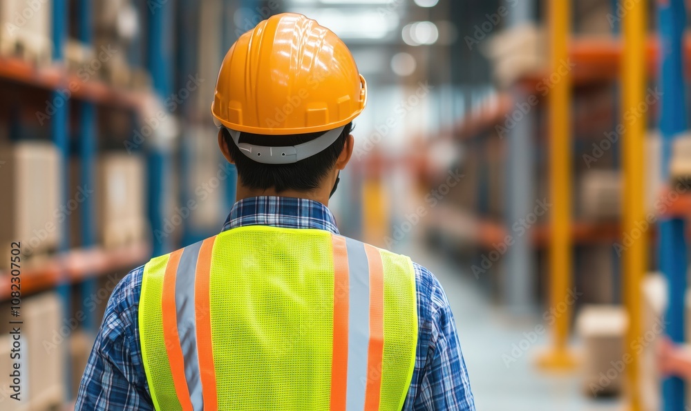 Warehouse worker in safety gear, orange hard hat, reflective vest, standing in aisle, shelves filled with boxes Warehouse worker in safety gear, orange hard hat, reflective vest, standing in aisle, shelves filled with boxes
